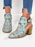 Metal Studs Fine Embroidery Round-toe Buckle Ankle Cowgirl Boots With Ankle Strap