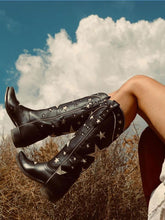 Black Star Inlay Wide Mid Calf Boots Snip Toe Chunky Heeled Western Cowgirl Boots