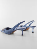 Denim Blue Rhinestone Bow Slingback Elastic Strap Pointy Kitten Heel Pumps