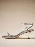 Metallic Silver Rhinestone Thin Strap Round Flared Kitten Heel Sandals With Ankle Strap