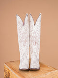 White Hair Stud Embroidered Snip Wide Mid Calf Women Cowboy Fur Tall Boots