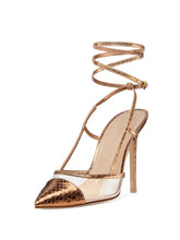 Metallic Bronze Snakeskin Clear Pumps Buckle Detachable Wrap Ankle Strap Slingback Heeled Sandals