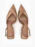 Tan Semi-Transparent Mesh Satin Buckled Slingback Pointy Kitten Flared Pumps