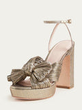 Pink Fine Glitter Pleated Bow Platform Heels Block Heel Sandals For Wide Feet