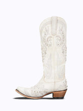 White Wedding Wide Mid Calf Cowgirl Vintage Boots For Bride With Rhinestone Floral Leaf Embroidery