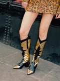 Metallic Gold Cowgirl Knee-High Boots Wide Calf Block High Heel Western Tall Boots