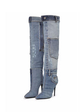 Pocket Pointed-toe Stiletto Heel Slip-on Knee High Fashion Ripped Denim Boots With Buttons
