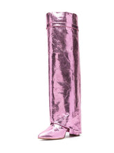 Metallic Bright Snakeskin Pink Fold Over Single Band Pointed-toe Chunky Heel Mid-Calf Cowgirl Boots