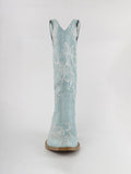 Light Blue Floral Embroidered Wide Mid Calf Cowgirl Boots Block Heeled Western Boots
