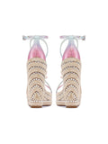 Metallic Gradient Multi Bands Open-toe Rhinestone Espadrille Wedge Sandals With Buckle Ankle Wrap