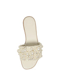 Ivory Rhinestone Pearl Single Wide Band Round Flats Slippers Sandals