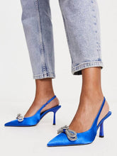 Satin Rhinestone Bow Wide Fit Pointy Slingback Pumps With Stiletto Heel