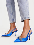 Satin Rhinestone Bow Wide Fit Pointy Slingback Pumps With Stiletto Heel