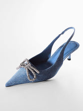 Denim Blue Rhinestone Bow Slingback Elastic Strap Pointy Kitten Heel Pumps