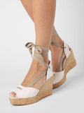 White Cloth Open-toe Ankle Wrap Espadrille Wedge Sandals With Self-tie