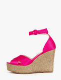 Rose Red Satin Cross Bands Open-toe Buckle Ankle Strap Espadrille Wedge Sandals