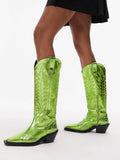 Metallic Green Embroidered Zip Wide Mid Calf Western Boots Block Heeled Cowgirl Boots