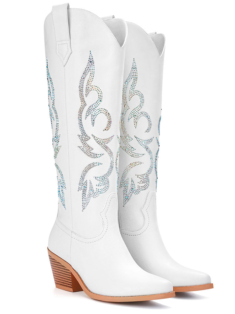 Rhinestone Cowboy Boots Western Boots Sparkly Tall Boots with Side Zipper