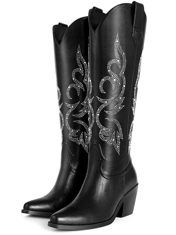 Rhinestone Cowboy Boots Western Boots Sparkly Tall Boots with Side Zipper