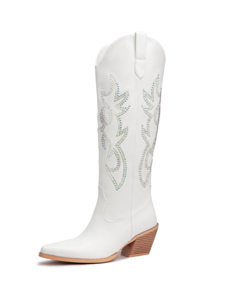 Rhinestone Embroidery Cowboy Boots Retro Almond Toe Mid Heel Boots