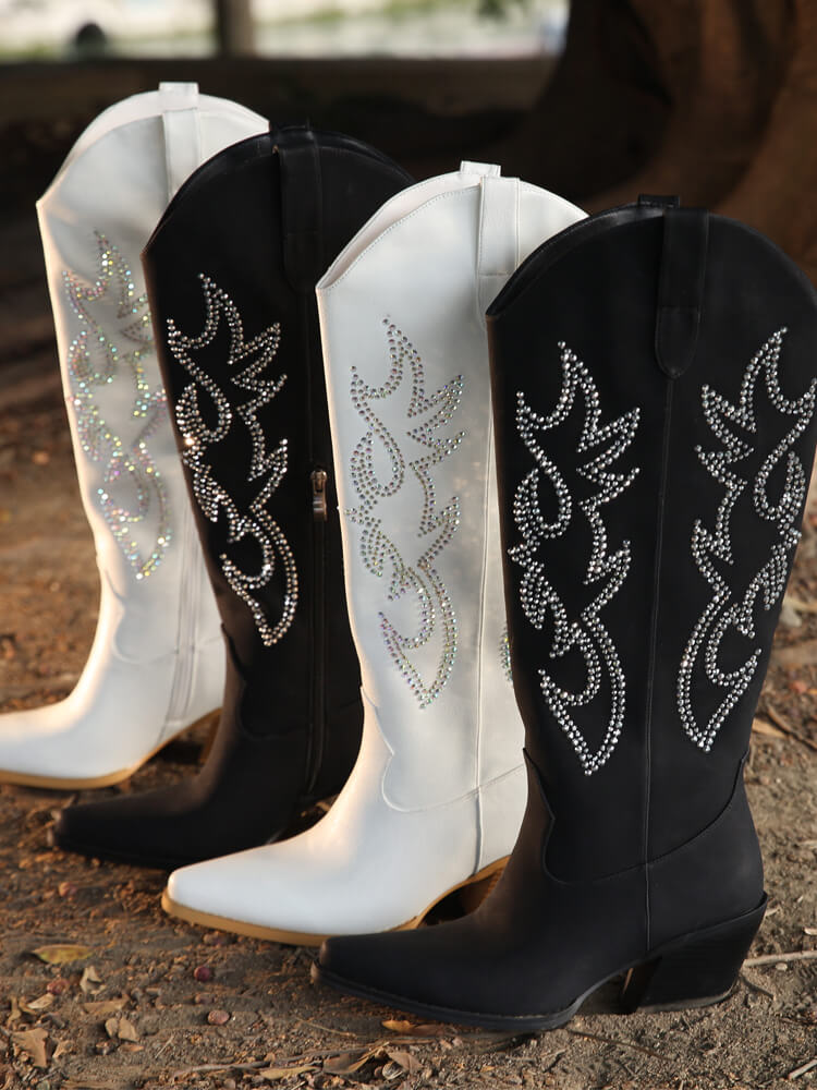 Rhinestone Embroidery Cowboy Boots Retro Almond Toe Mid Heel Boots