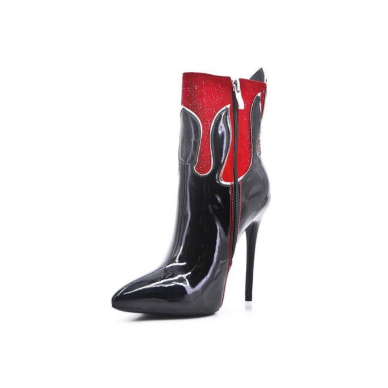 Red Flame-Shaped Rhinestones Pointed-toe High Heels Ankle Boots