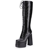 Square Toe Block Heel  Boots PU Leather Goth Tall Boots with Side Zipper
