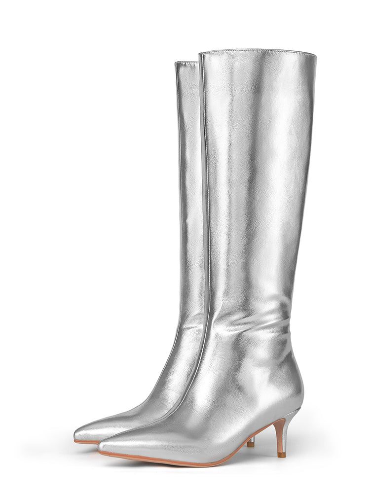 Silver Stiletto Heel Boots Knee High Boots Fashion PU Leather Boots