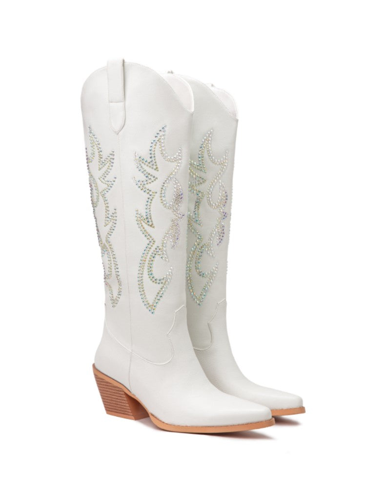 Rhinestone Embroidery Cowboy Boots Retro Almond Toe Mid Heel Boots