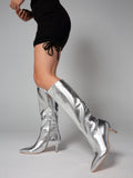 Silver Stiletto Heel Boots Knee High Boots Fashion PU Leather Boots