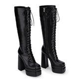 Square Toe Block Heel  Boots PU Leather Goth Tall Boots with Side Zipper