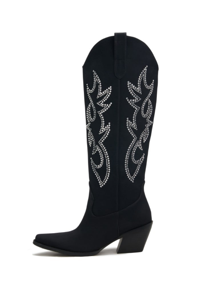 Rhinestone Embroidery Cowboy Boots Retro Almond Toe Mid Heel Boots