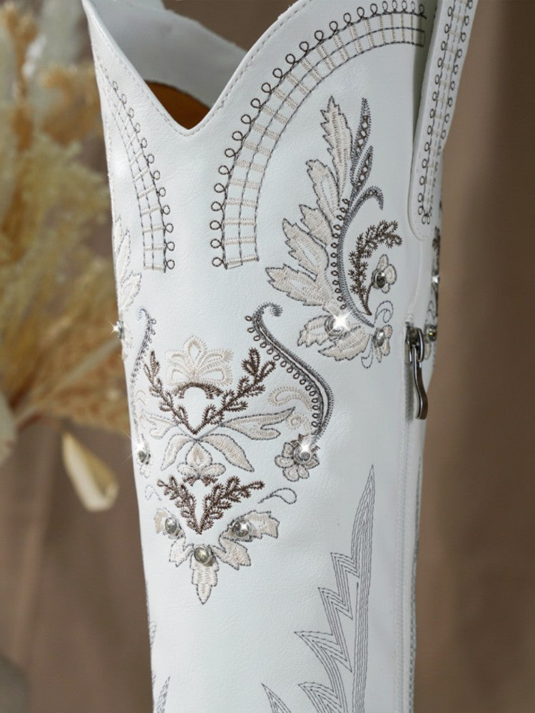 White Cowboy Boot Embroidered Cowgirl Boots Rhinestone Retro Country Boots