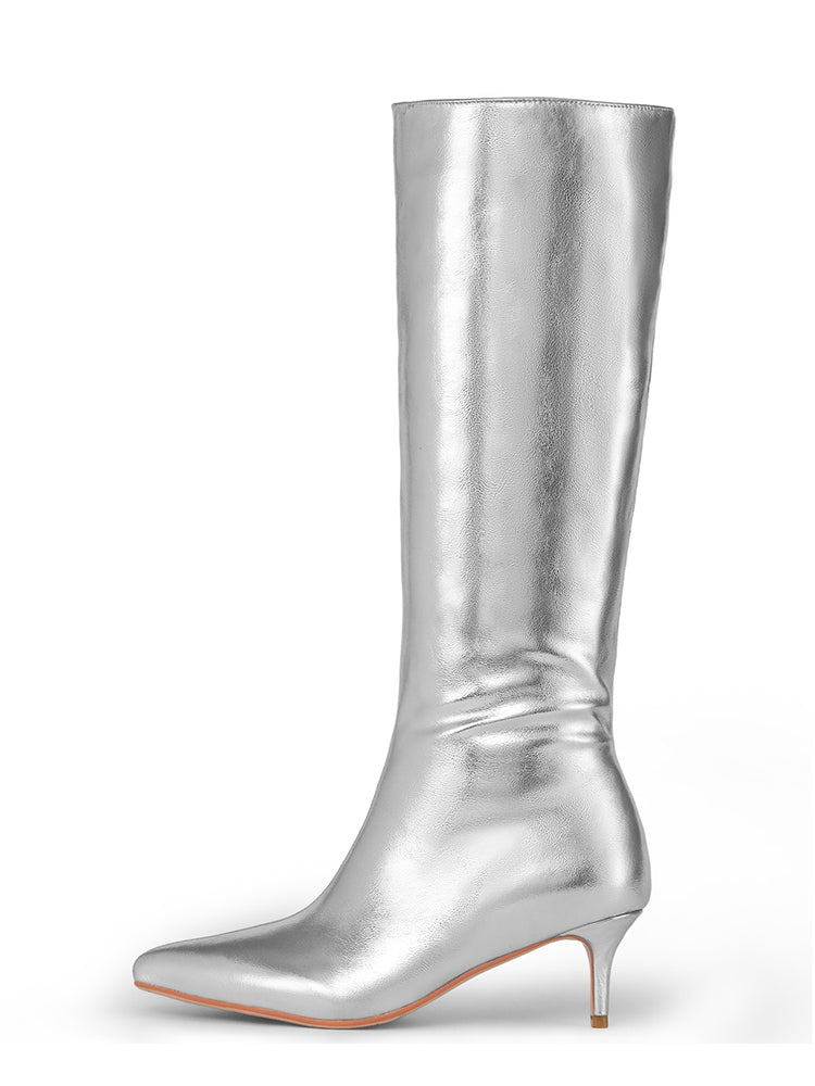 Silver Stiletto Heel Boots Knee High Boots Fashion PU Leather Boots