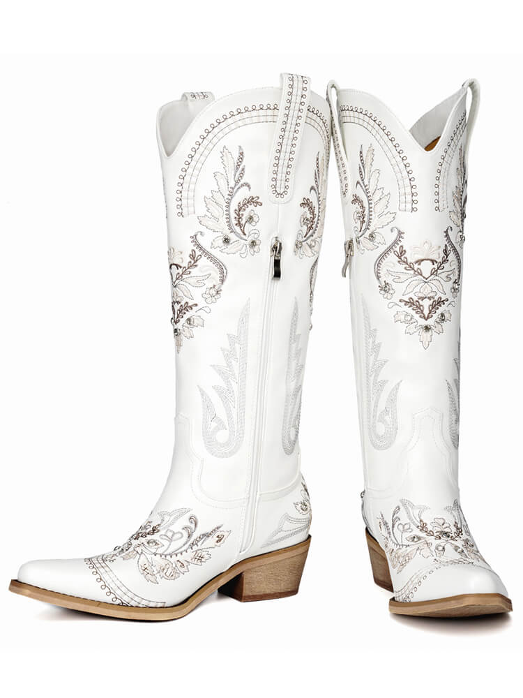 White Cowboy Boot Embroidered Cowgirl Boots Rhinestone Retro Country Boots