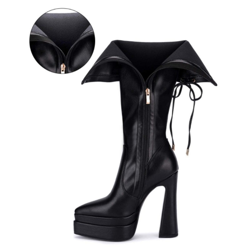 Knee High Gothic Platform Boots Chunky High Heel Long Boots Leather Tall Boots