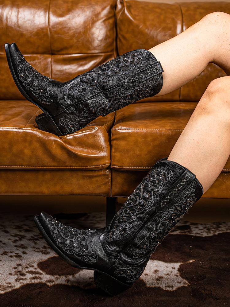 Filigree Cutout Embroidered Sparkling Inlay Stud Snip Wide Mid Calf Cowgirl Genuine Leather Boots