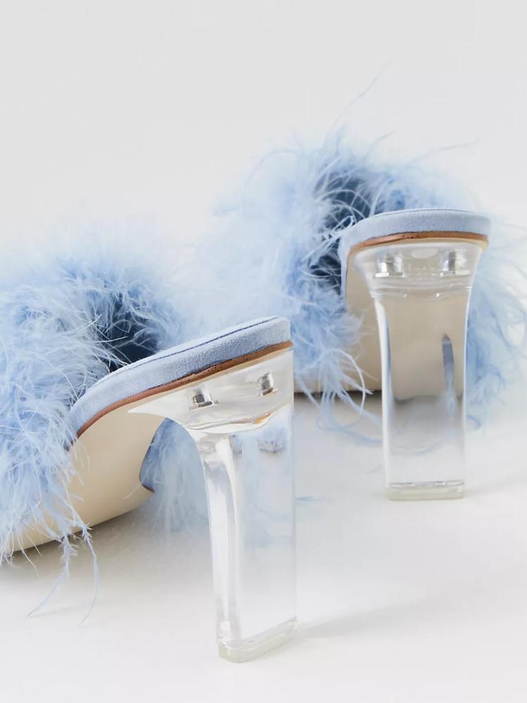 Fluffy Feather Round Toe Backless Slip-On Clear Heeled Sandals In Tan Blue Orange