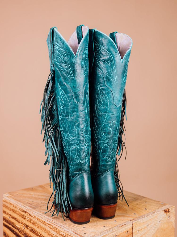 Eagle Wing Embroidered Fringe Snip Zip Knee High Western Boots