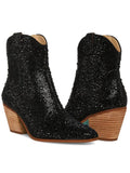 Black Rhinestone Cowgirl Ankle Boots Block Heeled Western Booties