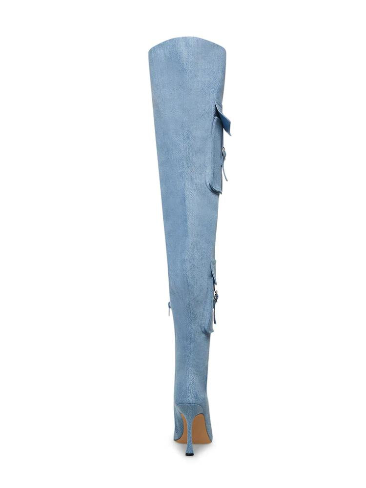 Denim Pocket Zip Pointed Toe Flared High Heel Over The Knee Thigh High Boots