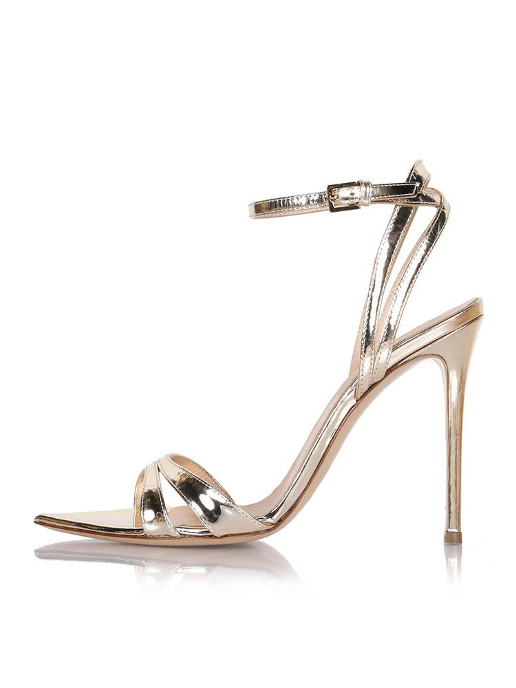 Metallic Cross Strap Pointy Stiletto Heeled Dress Sandals With Buckle Ankle Strap