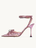 Pink Clear Rhinestone Double Bow Pointy Flared Pumps With Ankle Wrap Strap