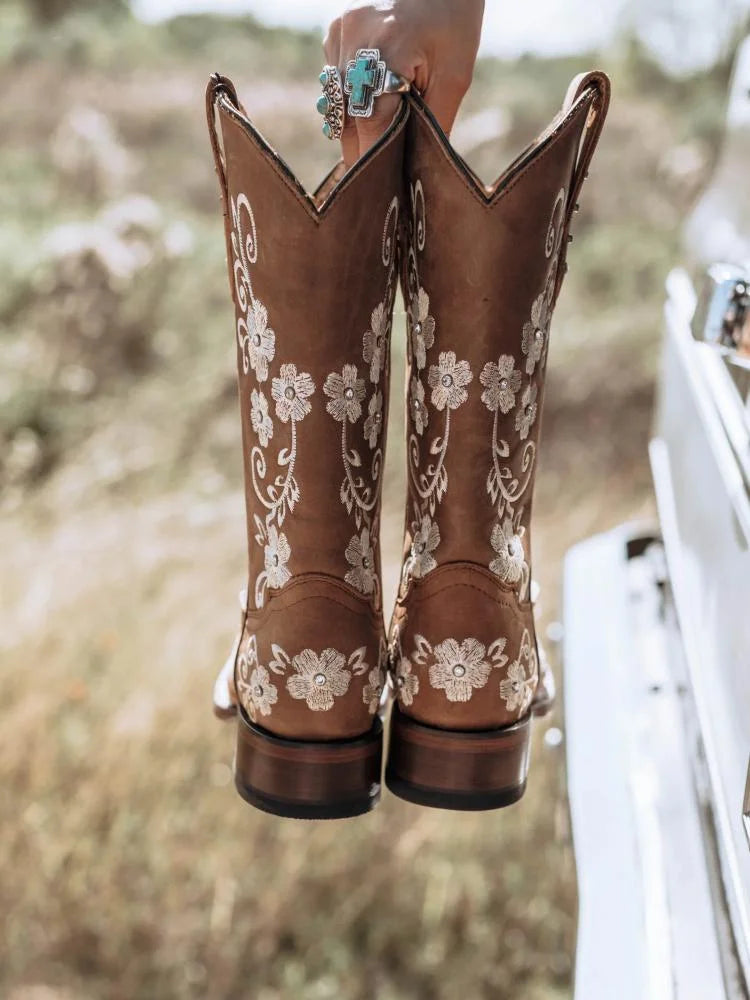 Women Mid Calf Cowboy Boots Floral Embroidered Rhinestone Square Toe Chunky Heel Western Boots