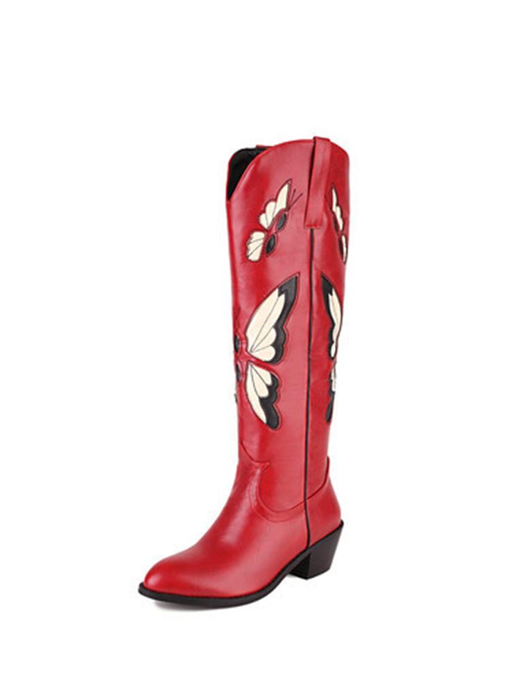 Butterfly Embroidery Pointed-toe Chunky Heels Wide Slip-on Knee High Cowgirl Boots