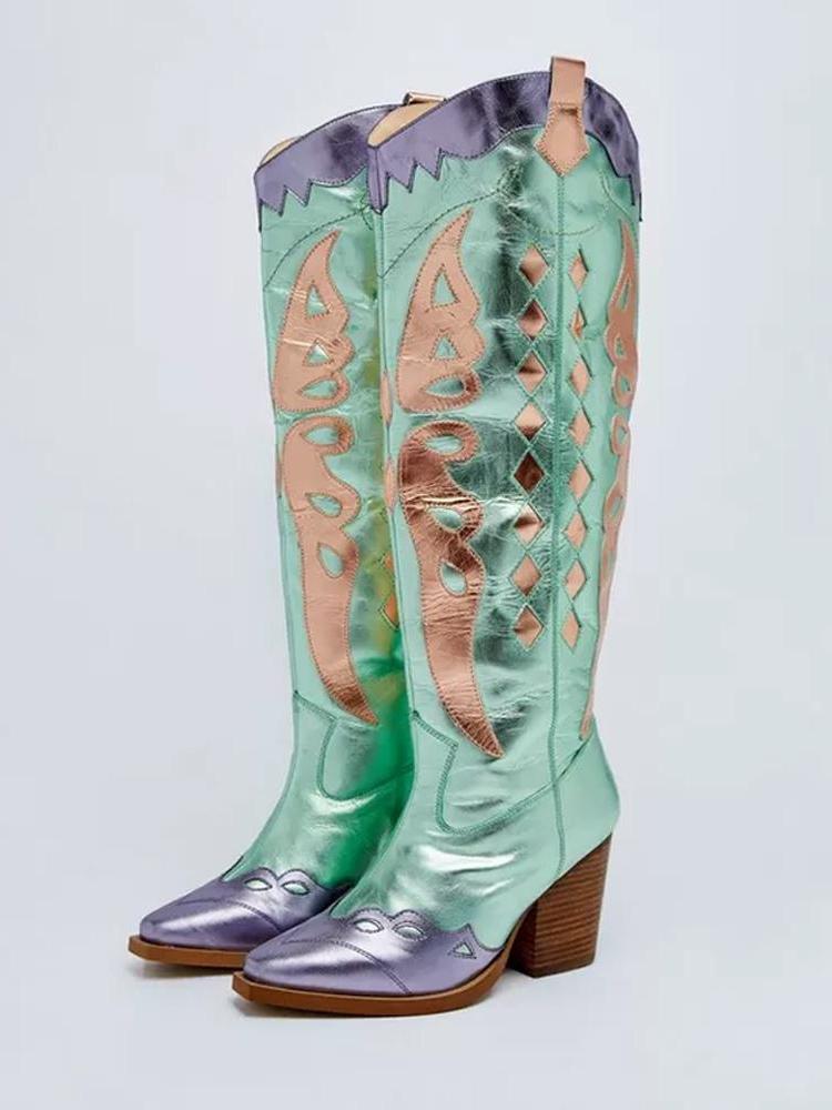 Contrast Metallic Butterfly Applique Snip Toe Wide Calf Tall Cowgirl Boots