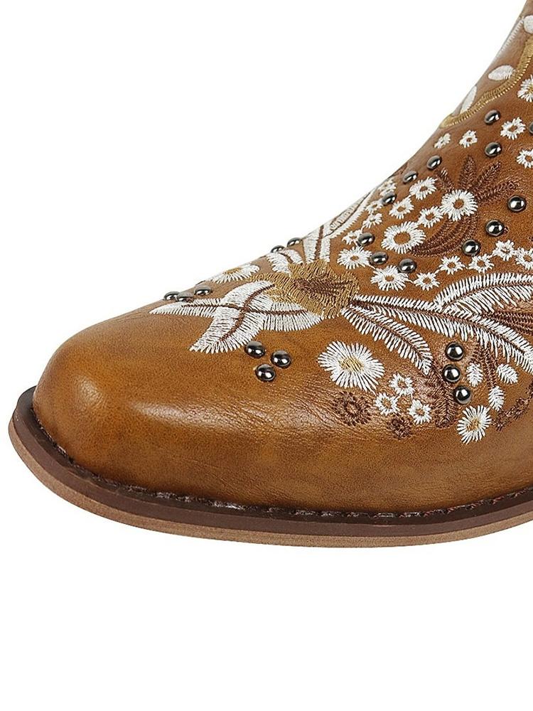 Brown Embroidery Studs Snip-toe Wide Calf Cowgirl Boots