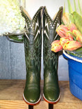 Green Inlay Lightning Embroidered Slip-On Knee High Boots Round Toe Heeled Cowgirl Boots