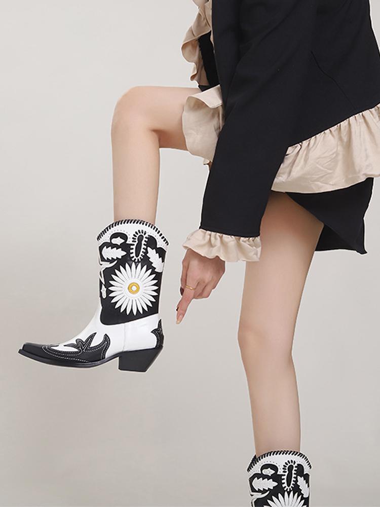 Daisy Pattern Applique Pointed-toe Chunky Heel Wide Slip-on Mid-Calf Women Cowboy Boots