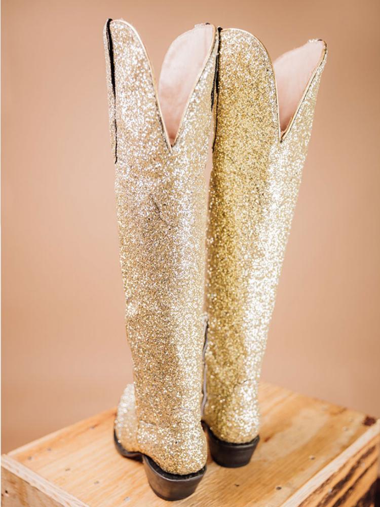 Glitter Snip Zipper Mid Calf Cowgirl Boots - Silver & Gold